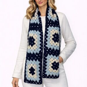 Handmade Granny Square Crochet Scarf Navy Blue Light Blue Cream Boho